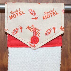 ROSEBUD MOTEL SCHITT'S CREEK HAND TOWEL RED & WHITE HANDMADE HANGING KITCHEN